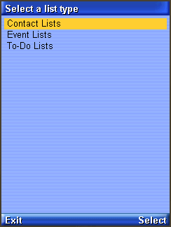 PIM API prompts user to select list type, one of Contact Lists, Event Lists, or To-do lists