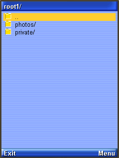 File Browser midlet displaying contents of root1 directory